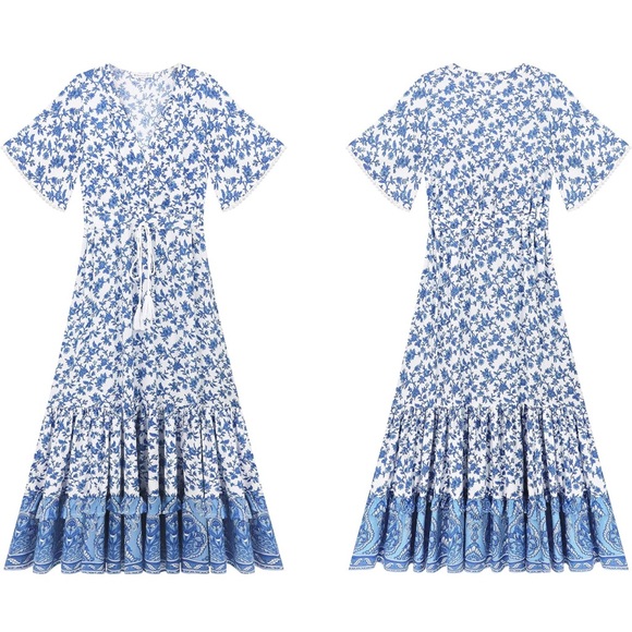 R. Vivimos Summer Short Sleeve V Neck Floral Print Casual Bohemian Midi Dress - Picture 5 of 14